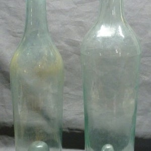 SUNROOM DECORATOR BOTTLES-2 Wine / Olive Oil Bottles-Sea Foam Green-Privy Dug-Applied Lips-1860s-1870s