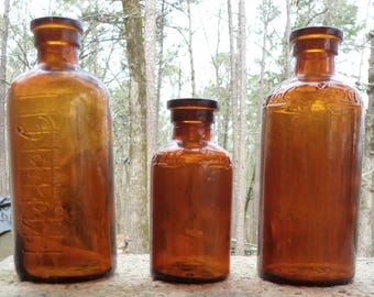 SUNROOM DECORATOR BOTTLES-3 Different Lysol Disinfectant-Cork Top-Dark Orange Amber-1920s-30s