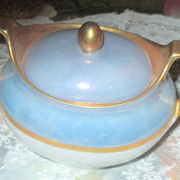 Clearance Sale - Vintage Blue, White and Gold Iridescent Sugar Bowl made by RS China Germany in the early 1920s