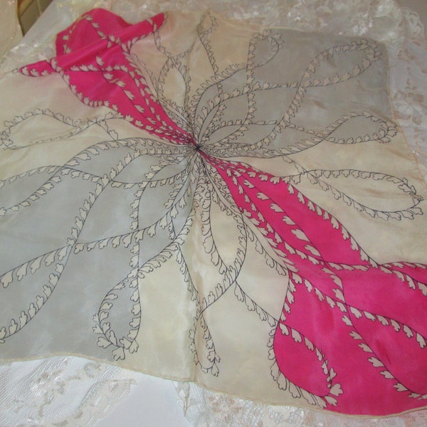 Vintage 1950's Silk Scarf, Hand Rolled Floral Swirl Pattern in Hot Pink, Gray and White