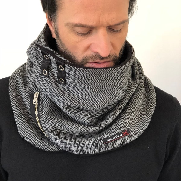 men scarf, men cowl fleece, unisex scarf, gray color black, gray men scarf, men present, boyfriend gift, winter fleece scarf, neck warmer