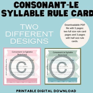 Consonant-le SYLLABLE RULE CARD. Structured Literacy Syllable Types. Orton Gillingham Resources. Dyslexia Card Download.