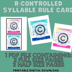 Puede incluir: Un fondo verde azulado con el texto "R-CONTROLLED SYLLABLE RULE CARD". La imagen presenta tres tarjetas con el texto "R-Controlled Syllable Rule Card" y un gran símbolo "C". También está presente el texto "1 PDF FILE CONTAINING: 2 FULL SIZE PAGES 3 HALF SIZE PAGES PRINTABLE DIGITAL DOWNLOAD".