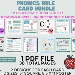 May include: A digital bundle of 12 phonics rule reference cards for reading and spelling. The set includes 36 pages in a PDF file with two designs per card in 5-inch square and 8.5 x 11-inch poster sizes. The cards feature text and graphics.