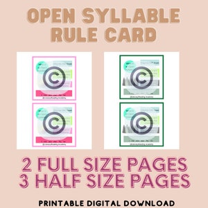 May include: Printable open syllable rule card with a copyright symbol and text that says "What is an Open Syllable?" and "Divide the word into syllables.  The vowel says its name.  I see me, so I say my name."  The card has a green, pink, and blue background.