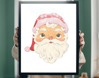 Vintage Snowy Santa Art Print Download. Pink Santa Art. Pink Christmas Art Prints. Blush Christmas.  Vintage Santa Wall Decor.