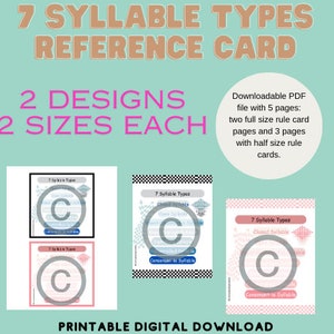 7 Syllable Types Reference Card, Orton Gillingham, Dyslexia Resource (PDF Download)