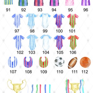 May include: A set of 13 watercolor illustrations featuring sports-themed clothing and accessories. The illustrations include jerseys, onesies, bibs, a soccer ball, a football, a basketball, a trophy, and ribbons. The illustrations are in various colors, including blue, green, red, pink, and yellow.