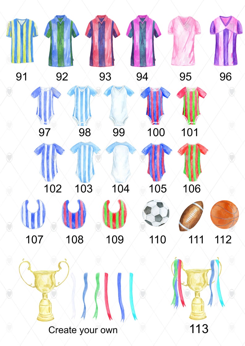 May include: A set of 13 watercolor illustrations featuring sports-themed clothing and accessories. The illustrations include jerseys, onesies, bibs, a soccer ball, a football, a basketball, a trophy, and ribbons. The illustrations are in various colors, including blue, green, red, pink, and yellow.
