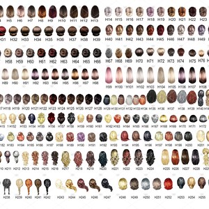 May include: A collection of 259 illustrated images of women's hairstyles, each with a unique style and colour. The images are arranged in rows and columns, and each image is labelled with a number.