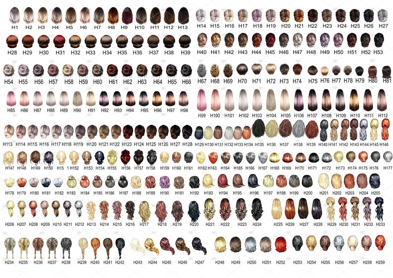 May include: A collection of 259 illustrated images of women's hairstyles, each with a unique style and colour. The images are arranged in rows and columns, and each image is labelled with a number.