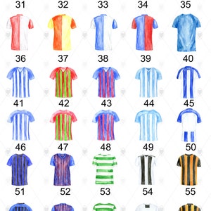 May include: A set of 60 watercolor illustrations of different soccer jerseys. The jerseys are in various colors and patterns, including red, white, blue, green, yellow, and black.