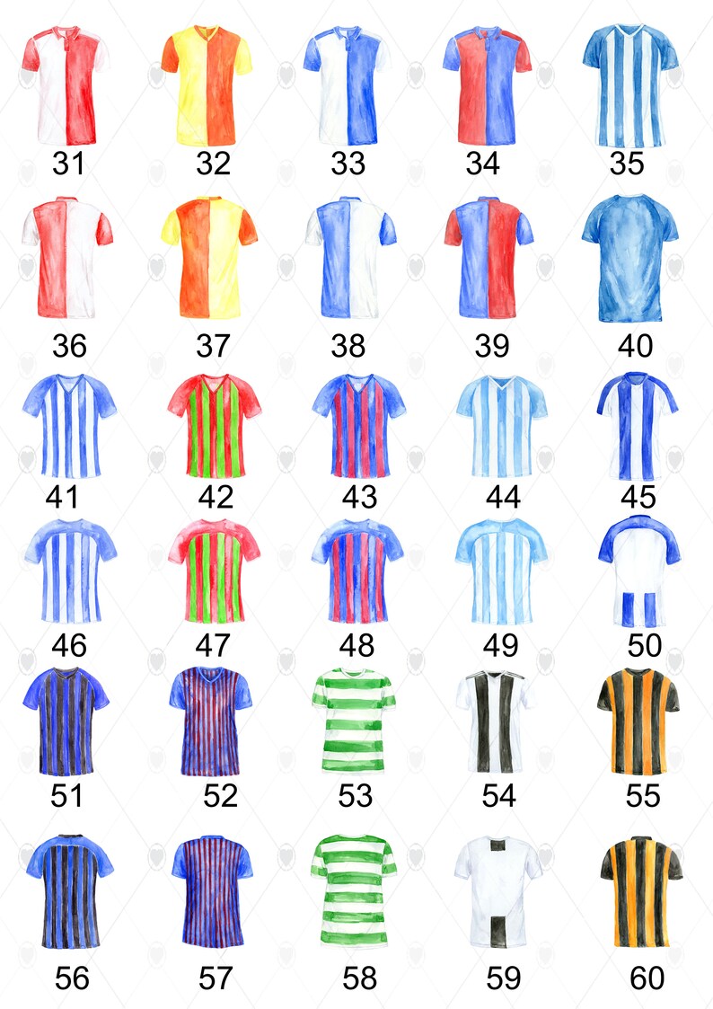 May include: A set of 60 watercolor illustrations of different soccer jerseys. The jerseys are in various colors and patterns, including red, white, blue, green, yellow, and black.