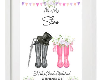 Personalised Wedding print Welly boot wedding print Mr Mrs Welly boot  print UNFRAMED PRINT Keepsake Picture Gift UNFRAMED