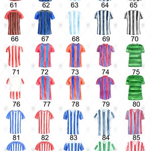 May include: A set of 30 watercolor illustrations of soccer jerseys in various colors and patterns. The jerseys are numbered 61 through 90.