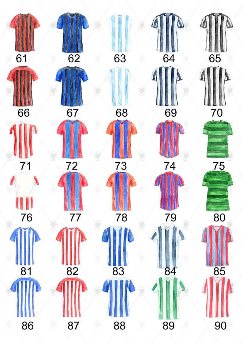 May include: A set of 30 watercolor illustrations of soccer jerseys in various colors and patterns. The jerseys are numbered 61 through 90.