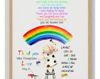 May include: A colourful rainbow painted by a girl with a paintbrush. The girl is standing on a stool and there are paint cans on the ground. The text says "Thank you Mrs. Thompson Love Amy xx" and "SMART LOVELY CREATIVE CARING THOUGHTFUL PATIENT INSPIRING".