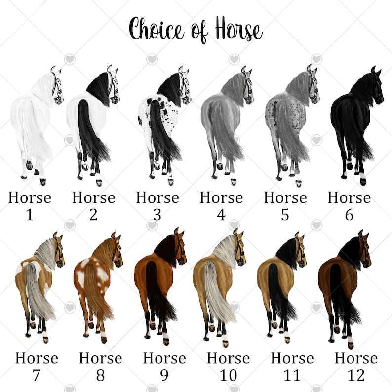 May include: Twelve different horse illustrations in a row, each with a different colour pattern and breed. The horses are facing away from the viewer, with their tails up. The horses are numbered 1 through 12. The text "Choice of Horse" is at the top of the image.