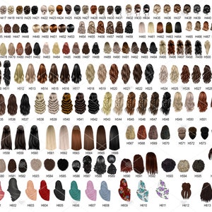 May include: A collection of 100 different hairstyles for women, illustrated in a cartoon style. Each hairstyle is shown from the back, with a variety of colours and styles.