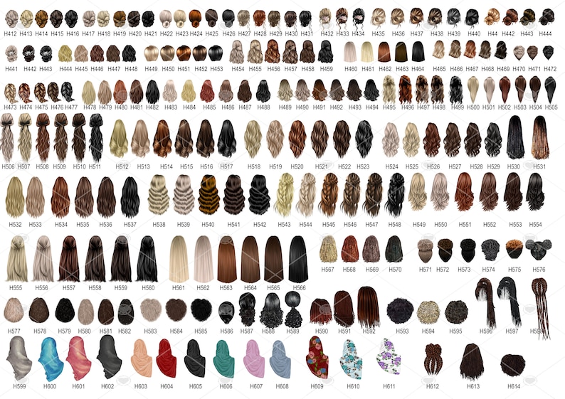 May include: A collection of 100 different hairstyles for women, illustrated in a cartoon style. Each hairstyle is shown from the back, with a variety of colours and styles.