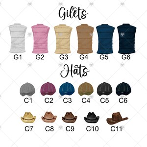 May include: A set of eleven equestrian riding accessories, including six sleeveless vests in various colours and five hats. The vests are labelled G1 through G6 and the hats are labelled C1 through C6. There are also five cowboy hats labelled C7 through C11.