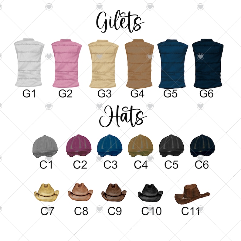May include: A set of eleven equestrian riding accessories, including six sleeveless vests in various colours and five hats. The vests are labelled G1 through G6 and the hats are labelled C1 through C6. There are also five cowboy hats labelled C7 through C11.