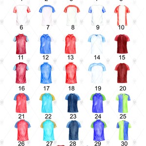 May include: Thirty different soccer jersey designs in various colors, including red, blue, white, green, and yellow. The jerseys have different sleeve styles, including short sleeves, long sleeves, and three-quarter sleeves. Some jerseys have a collar, while others have a v-neck.
