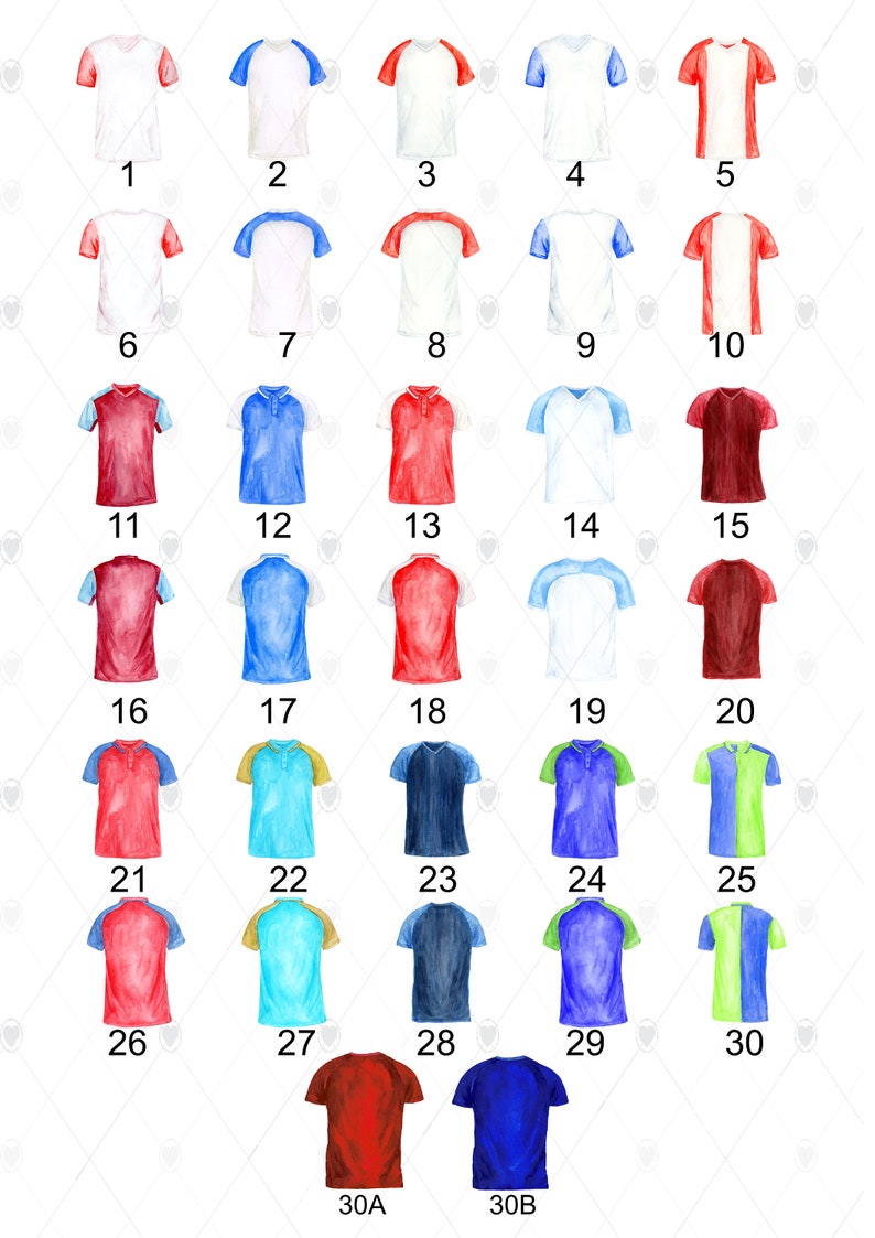 May include: Thirty different soccer jersey designs in various colors, including red, blue, white, green, and yellow. The jerseys have different sleeve styles, including short sleeves, long sleeves, and three-quarter sleeves. Some jerseys have a collar, while others have a v-neck.