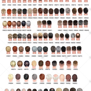 May include: A chart of 110 different men's hairstyles, with a selection of skin tones: pale, tan, and dark. The chart is labelled "Mens Hair" and "Skin Tone".