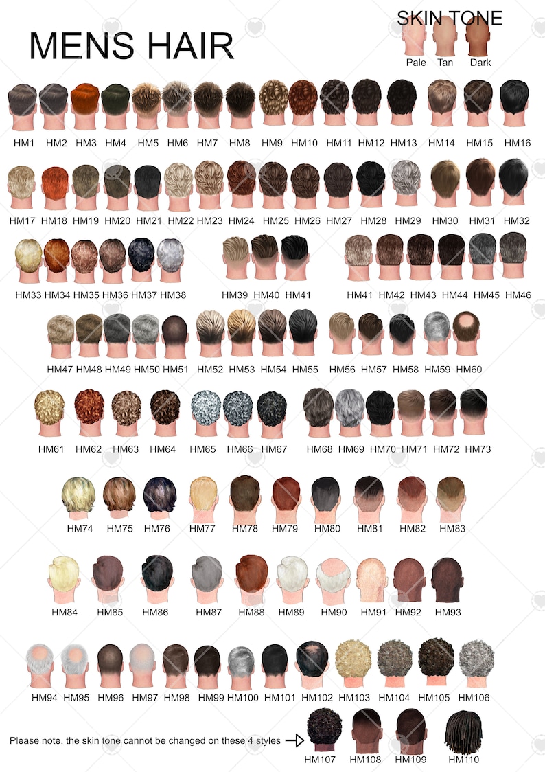 May include: A chart of 110 different men's hairstyles, with a selection of skin tones: pale, tan, and dark. The chart is labelled "Mens Hair" and "Skin Tone".