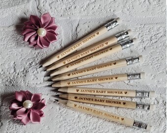 Personalised wooden baby shower pencils with a rubber, Baby shower favours, Baby name