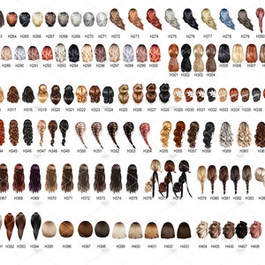 May include: A set of 44 different illustrated hairstyles for digital use. The hairstyles are all in various shades of brown, blonde, red, and black. The hairstyles are all in a variety of styles, including braids, buns, ponytails, and loose waves.