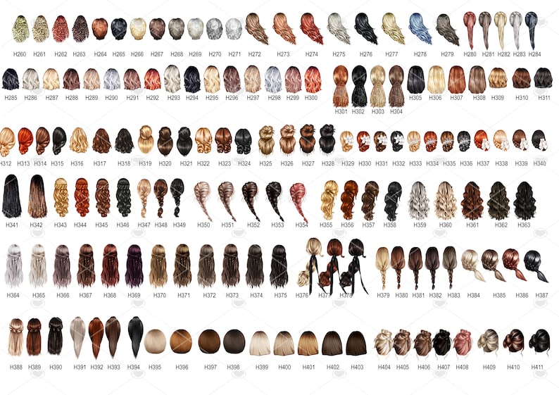 May include: A set of 44 different illustrated hairstyles for digital use. The hairstyles are all in various shades of brown, blonde, red, and black. The hairstyles are all in a variety of styles, including braids, buns, ponytails, and loose waves.
