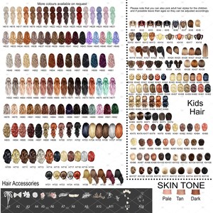 May include: A chart featuring a range of hairstyles for women and children. The chart includes a variety of hair colours, lengths, and styles. There are also hair accessories and skin tone options.