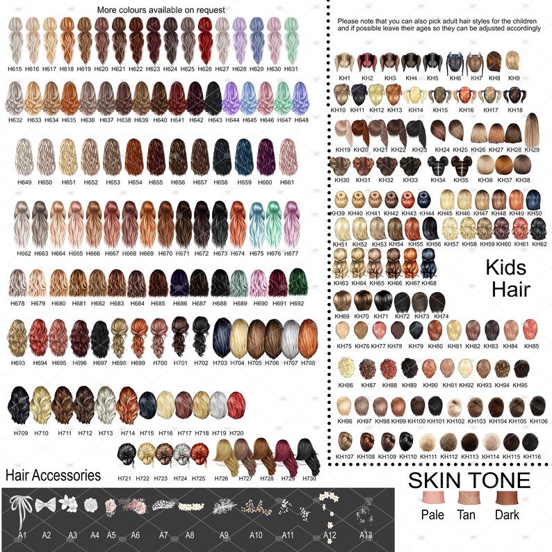 May include: A chart featuring a range of hairstyles for women and children. The chart includes a variety of hair colours, lengths, and styles. There are also hair accessories and skin tone options.