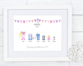 Family Welly Boot Print, Personalised Family Print, Welly Boot Family, Welly Print, Family Wellington Boot Print, New home print