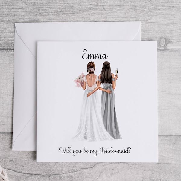 Will you be my Maid of Honour Card - Personalised - Bridesmaid Card Proposal - Bride & Bridesmaid Illustration