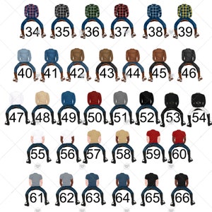 May include: A set of 66 digital illustrations of men wearing different outfits. The men are sitting on a chair with their legs crossed. The illustrations are in various colours and styles.