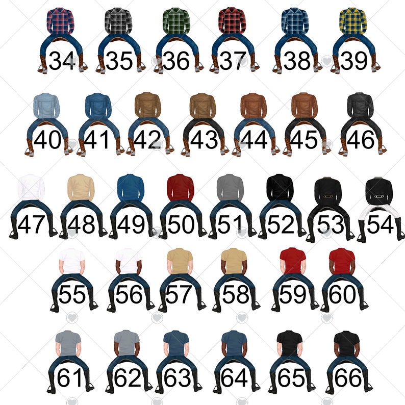 May include: A set of 66 digital illustrations of men wearing different outfits. The men are sitting on a chair with their legs crossed. The illustrations are in various colours and styles.