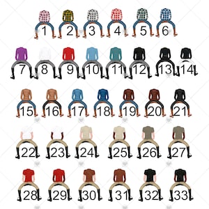 May include: A set of 33 illustrations of people sitting on a horse, wearing different outfits. The illustrations are numbered 1 through 33.