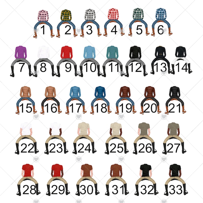 May include: A set of 33 illustrations of people sitting on a horse, wearing different outfits. The illustrations are numbered 1 through 33.