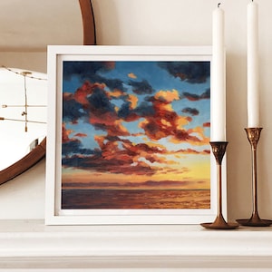 Sunset Sea Art Print Nubes oceánicas al atardecer Arte costero dramático Pintura del océano al atardecer Paisaje marino rojo anaranjado imagen 1