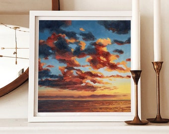 Sunset Sea Art Print - Ocean Clouds at Sunset - Dramatic Coastal Art - Sunset Ocean Painting - Orange Red Seascape