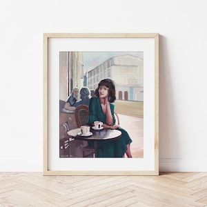 Frau im grünen Kleid Kunstdruck: Cafe Szene Gemälde (8x10)