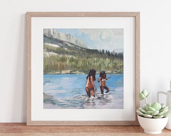 Enfants jouant dans le lac Peinture originale - Peinture sur lac de montagne - Peinture de paysage naturel - Décor de chalet rustique - Peinture acrylique