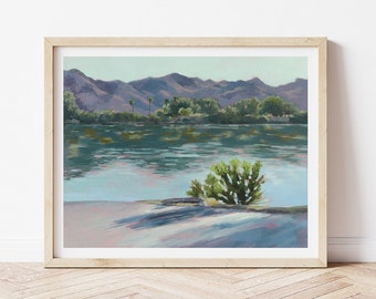 Peaceful River Art Print - Desert Mountains River Painting - Boho Wall Art - Southwest Landscape - Nature Print - Morning Sunlight Landscape