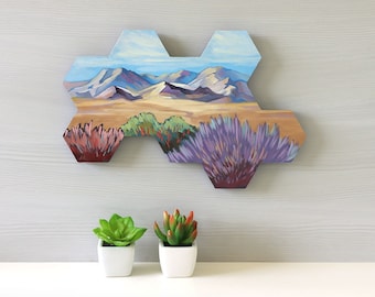 Desert Hexagon Painting - Oil and Acrylic on CNC Wood Panel - Contemporary Desert Landscape - Modern Southwest Art - Desert Mountains