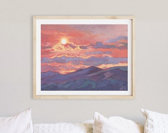 Desert Mountains Sunrise Print - Southwest Landscape Print - Nevada Desert Art - Southwest Wall Decor - Violet Orange Pink Landscape
