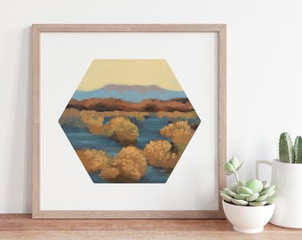 Desert Glow Hexagon Print - Golden Hour Desert Landscape - Nevada Desert Print - Modern Geometric Southwest Art