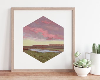 Solitude and Desert Skies Hexagon Print - Geometric Landscape Print - Modern Desert Landscape - Nevada Painting - Boho Print